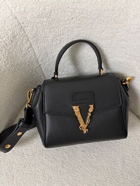 Versace Brown Virtus Leather Tote Bag Black NWT